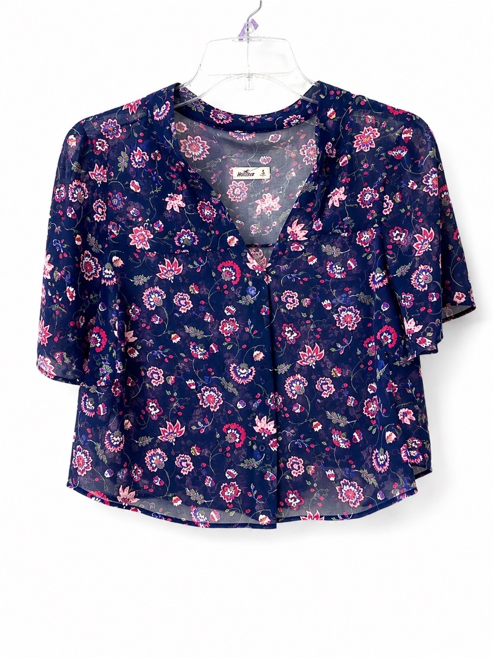 Hollister Navy Floral V-Neck Button Front Blouse